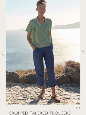 Poetry Woman's Blue 100% Linen Minimalist Cropped Tapered Trousers Sz 14